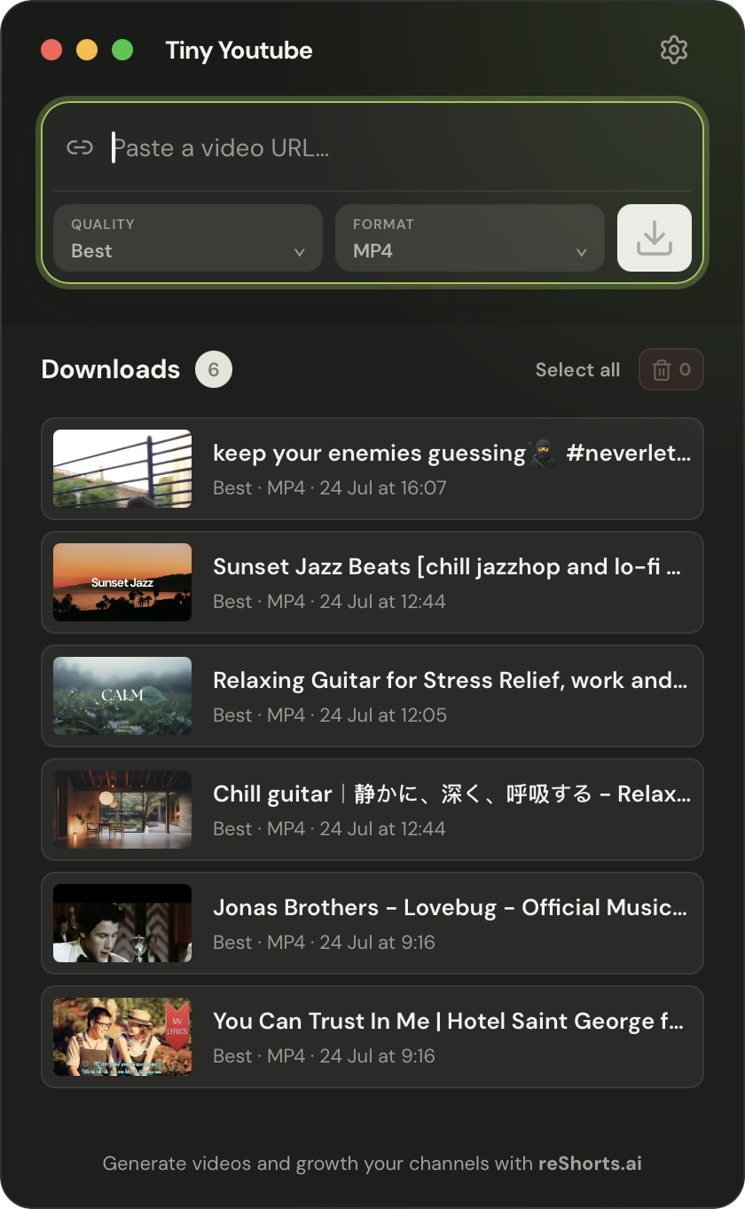 Tiny Video Downloader app interface