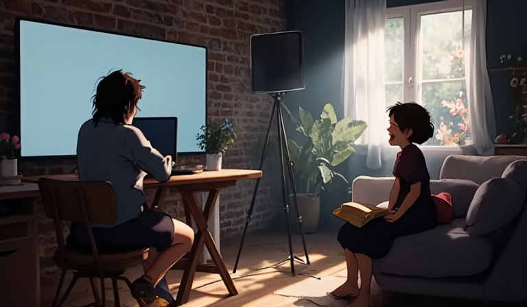 creator filming a TikTok video in a well-lit home studio setup