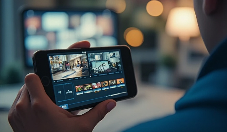 close-up of a smartphone screen showing a video editing timeline in a mobile app