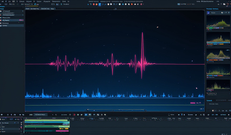A computer screen showing video editing software with a voiceover waveform