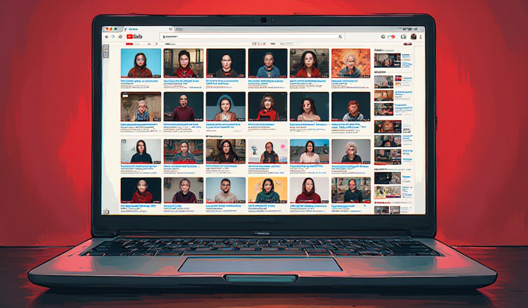 A laptop showing YouTube's homepage with various faceless channels displayed