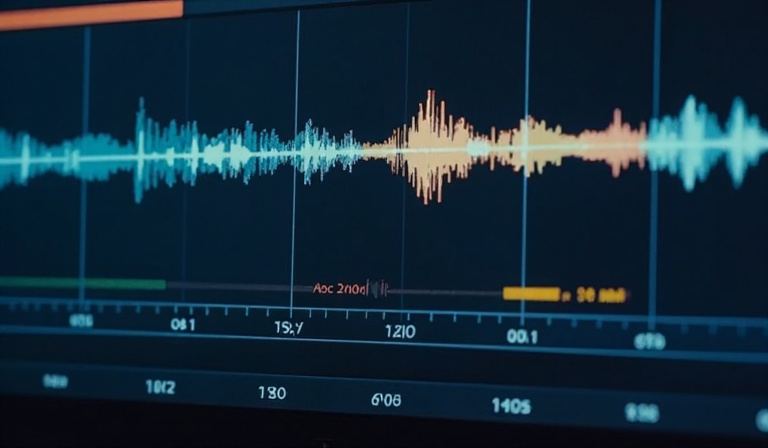 a close-up of an audio waveform in an editing timeline, showing a clean, balanced audio track with music layered below dialogue