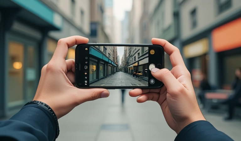person holding smartphone recording a vertical video for social media