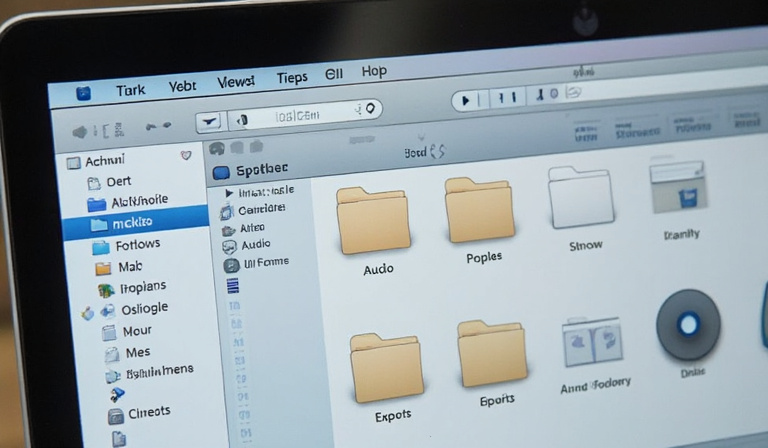 a clean, organized folder structure on a computer desktop with labeled subfolders for footage, audio, graphics, and exports
