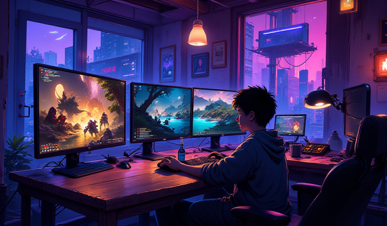 A gaming setup with multiple monitors showing gameplay footage