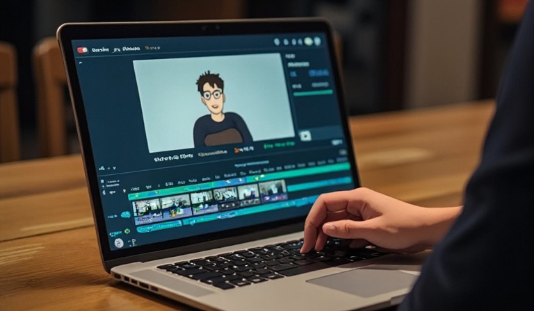A creator editing a YouTube Short on a laptop, showing timeline cuts and text overlays