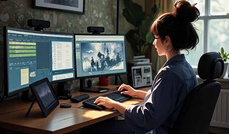 a content creator sitting at a desk, editing footage on a large monitor in a well-lit home studio