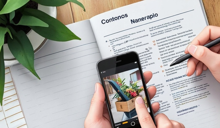 flat lay of content planning notes and a smartphone showing a video editing app
